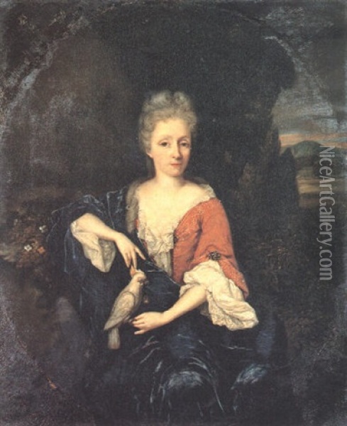 Portrait Of A Lady, Three-quarter Length Holding A Cockatoo Oil Painting - Constantyn Netscher
