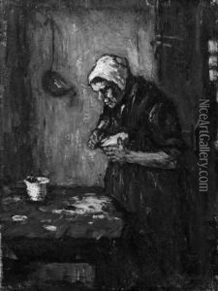 An Old Woman Peeling Potatoes Oil Painting - Suze Robertson