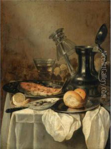 Still Life With A Pewter Flagon 
And Upturned Wineglass, A Slice Of Salmon, A Partly Peeled Lemon, Some 
Green Olives In A Blue And White Porcelain Bowl And A Bread Roll On A 
Pewter Plate, All Arranged On A Partly Draped Tabletop Oil Painting - Pieter Claesz.