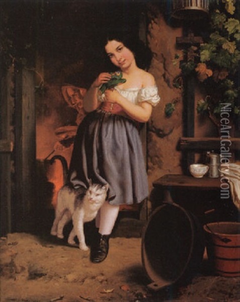 A Young Girl With Cat Oil Painting - Charles Christian Nahl