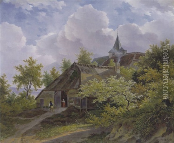 Heuvelachtig Landschap Met Huizen Tussen Bomen Oil Painting - Adrianus Van Der Koogh