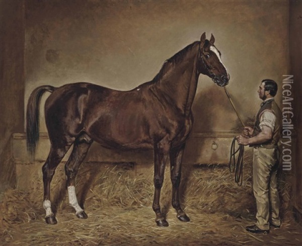 Lord Exeter's Stallion Stockwell Held By His Groom In A Loose Box Oil Painting - Charles Augustus Henry Lutyens