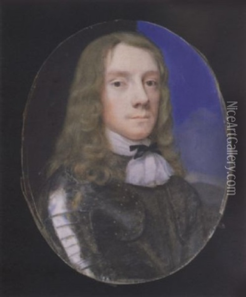 A Gentleman (a Parliamentarian?), Aged 24, Wearing Armour, Short, White Cravat Tied With Black Ribbon, His Blond Hair Worn Long, Sky Background Oil Painting - Samuel Cooper