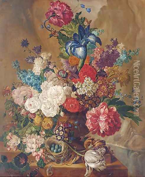 Summer flowers, including irises, tulips, roses in vase, with a bird's nest and eggs to the side Oil Painting - Continental School