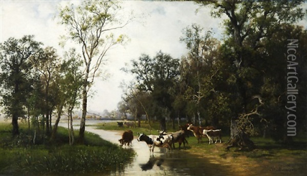 Cattle At A Creek Oil Painting - Mikhail Konstantinovich Klodt von Jurgensburg