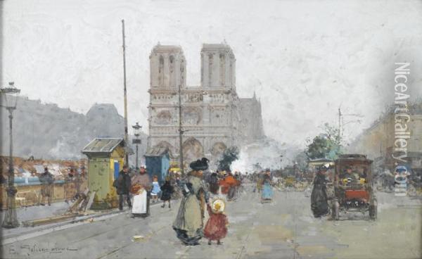 Promenade Sur Les Quais Devant Notre Dame Oil Painting - Eugene Galien-Laloue