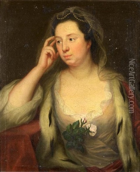 Portrait Of A Lady, Wearing A Cream Dress And Red Robe Oil Painting - Joseph Highmore
