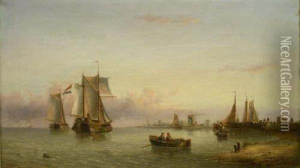 Dutch Sailing Barges Near The Shoreline Oil Painting - Henry Redmore