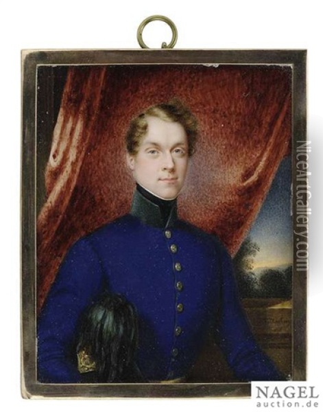 Portrait Miniature Of A Young Officer Wearing A Blue Coat Oil Painting - Josef Eduard Teltscher
