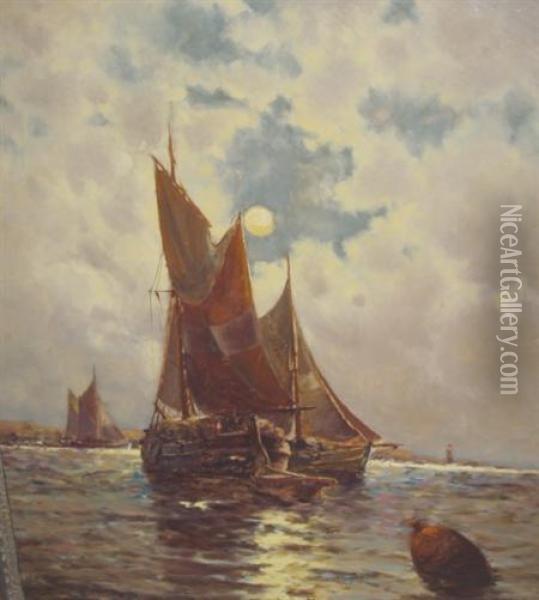 Ships Offshore Inmoonlight Oil Painting - George Bunn