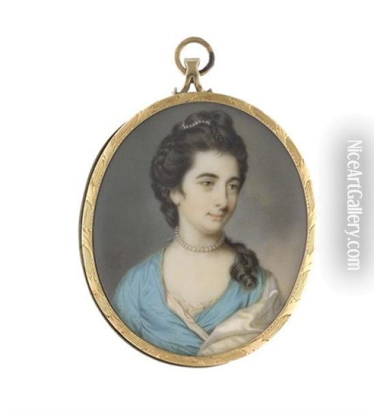 Portrait Miniature Of A Lady, Traditionally Believed To Be Lady Dorchester, Wearing A Blue Dress Over A White Chemise, A White Satin Shawl, A Pearl Choker At Her Neck, Her Brown Hair Worn Upswept, Plaited, Curled And Adorned With A String Of Pearls Oil Painting - John Smart IV
