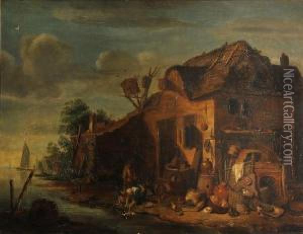 Two Figures Before A Farmhouse Oil Painting - Egbert van der Poel