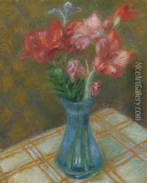 Gladiolas In Green Glass Vase Oil Painting - William Glackens