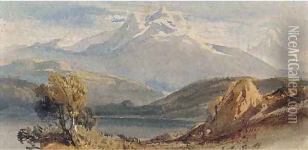 A lake before snow-capped mountains Oil Painting - William Leighton Leitch