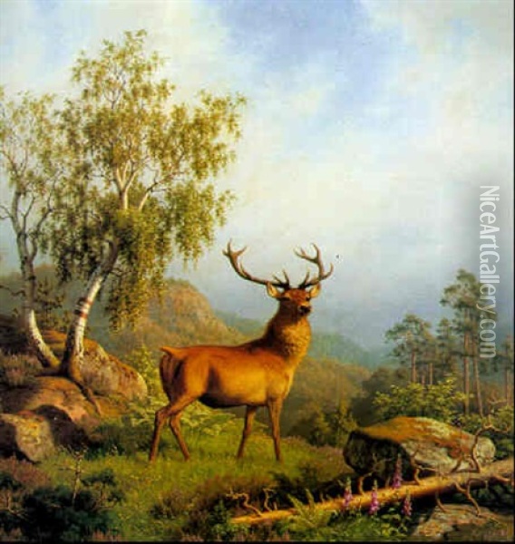Klippeparti Med En Kronhjort Oil Painting - Carl Henrik Bogh
