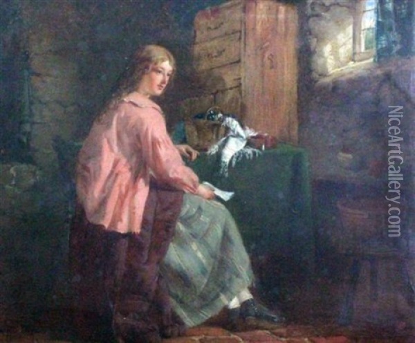 Woman Seated In A Cottage Holding A Letter Oil Painting - Edward Charles Barnes