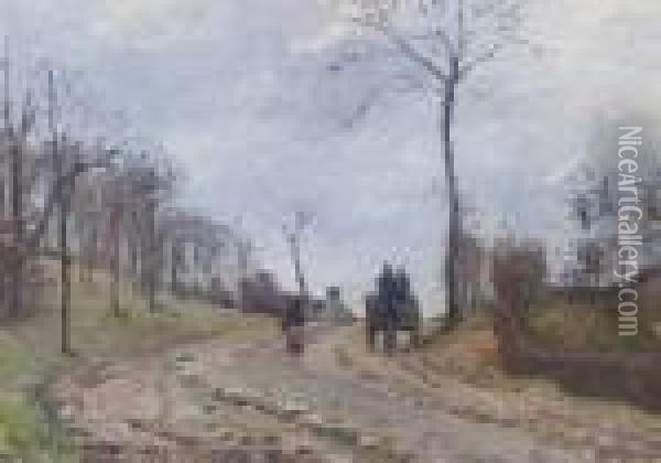 Charrette Sur Une Route, Hiver, Environs De Louveciennes Oil Painting - Camille Pissarro