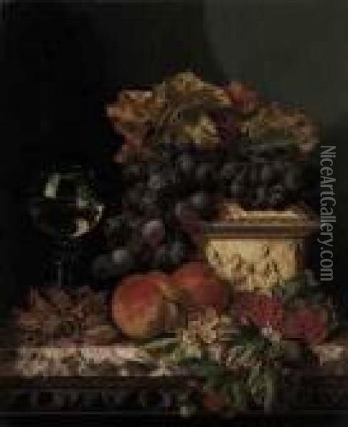 Grapes, Peaches, Raspberries, Cob Nuts, With A Casket And A Roemeron A Marble Ledge Oil Painting - Edward Ladell