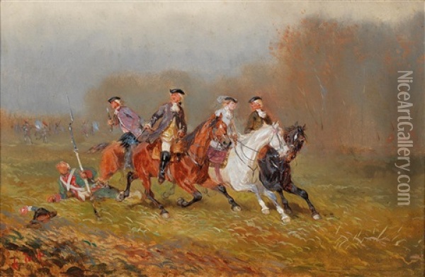 Elegant Horsemen Fleeing From The Fighting Oil Painting - Alexander Franz Von Bensa