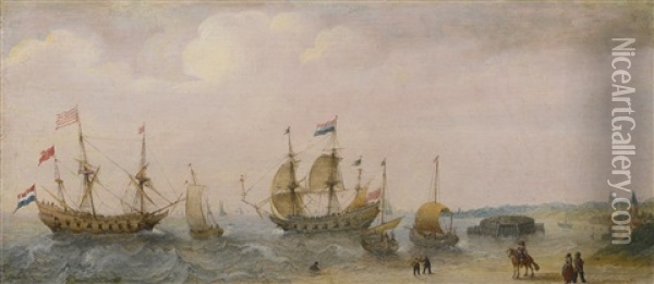 Coastal Scene With War Ships And Fishing Vessels, With Figures On The Shore Oil Painting - Cornelis Verbeeck