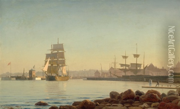 Segelschiffe Am Hafen Von Korsor Am Grosen Belt Auf Seeland Oil Painting - Christian Frederic Eckardt