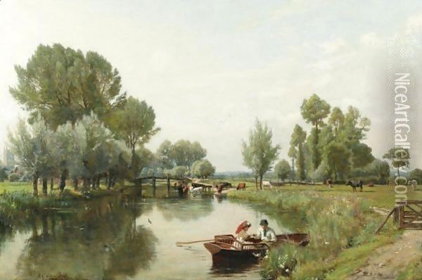 Boating In The English Countryside Oil Painting - Frederick George Cotman