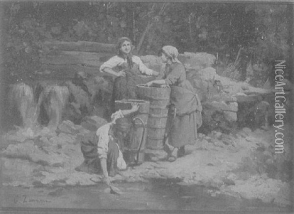 Three Women By A Stream Gathering Water Oil Painting - Giuseppe Zannoni