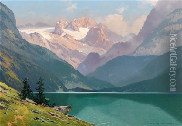 Lake Gosau With The Dachstein Oil Painting - Hans Sterbik