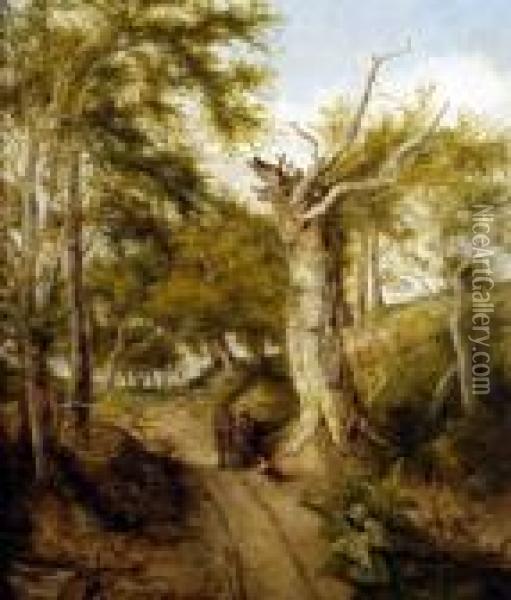 A Summer Landscape, With Figures And Dog Resting On A Woodland Path Oil Painting - John Crome