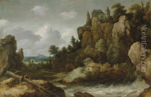 An Extensive Landscape With A Waterfall, With A Hilltop Castle And A Village Beyond Oil Painting - Allaert van Everdingen