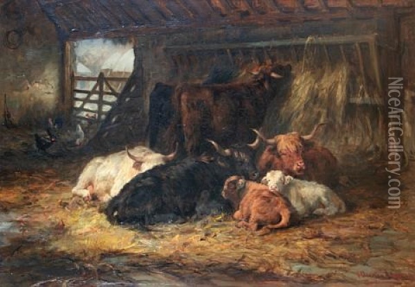 Winter Quarters, Highland Cattle In A Barn Oil Painting - Joseph Denovan Adam