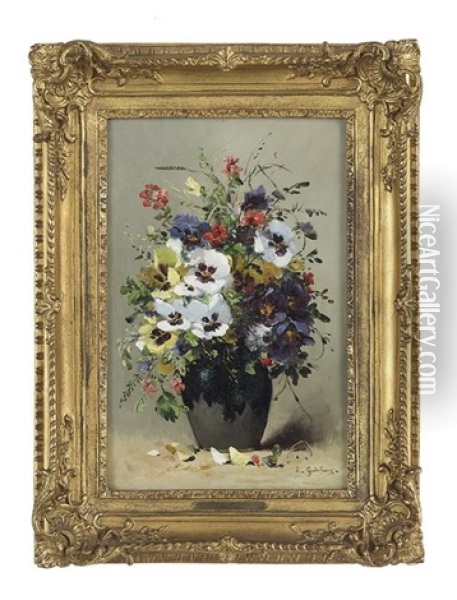 Still Life Of Pansies In A Pottery Vase Oil Painting - Emile Godchaux