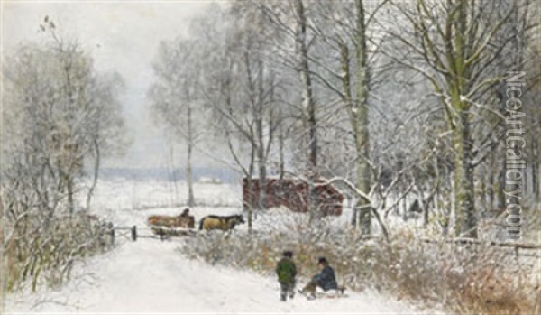Vinterlandskap Med Rastande Pojkar Och Timmerfora Oil Painting - Olof Hermelin
