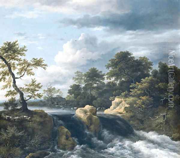 A river Landscape with a Waterfall Oil Painting - Jacob Van Ruisdael