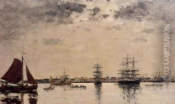 Anvers, boats on the River Scheldt I Oil Painting - Eugene Boudin