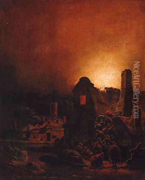 A fire in a village at night Oil Painting - Adam Colonia