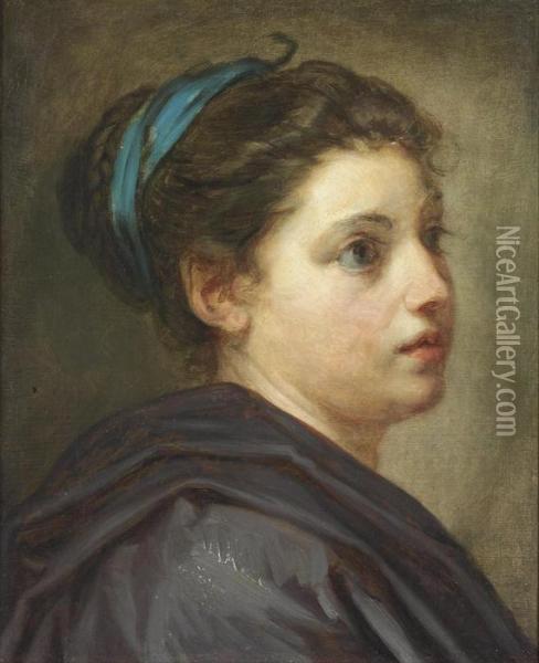 A Head Study Of A Young Lady With A Blue Ribbon Oil Painting - Jean Baptiste Greuze
