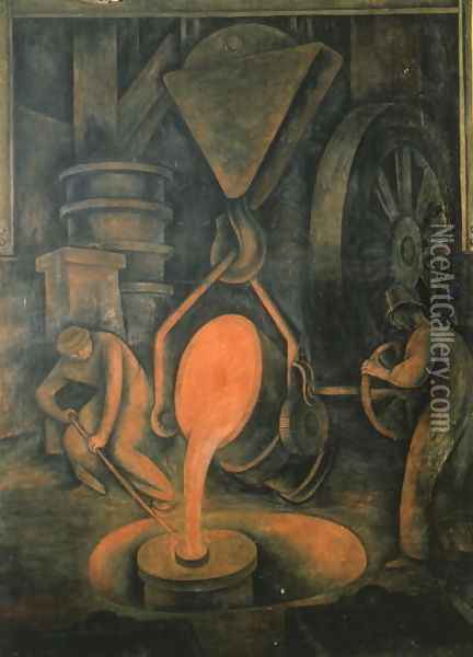 The Foundry, Pouring the Crucible, from the Court of Labour, 1923 Oil Painting - Diego Rivera