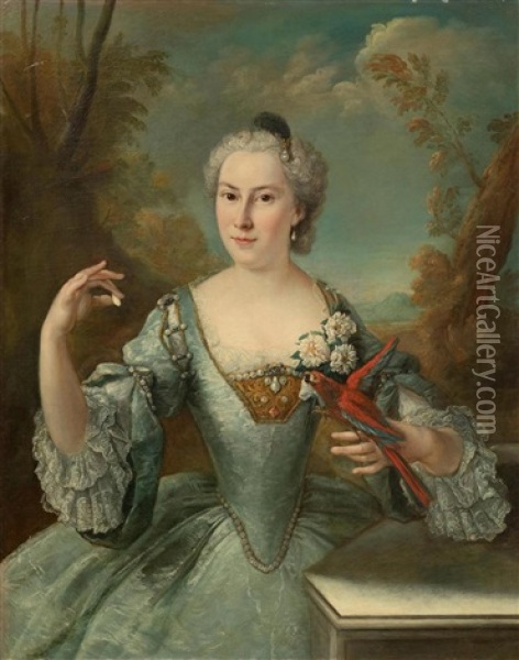 Portrait Of A Lady, With A Parrot, In A Landscape Oil Painting - Alexis-Simon Belle