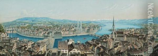 Panorama De Zurich Oil Painting - Dikenmann-Verlag