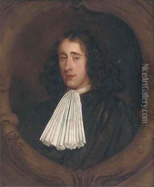 Portrait of justice John Shelden, bust-length, in a black robe and white stock, feigned cartouche Oil Painting - Mary Beale