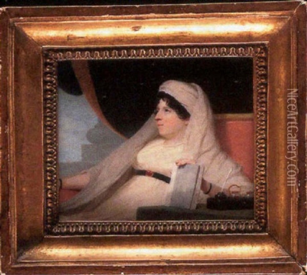 Portrait Of A Lady, Seated, Wearing A White Dress With Black Belt Set With Jewelled Clasp, Pearls At Her Neck Oil Painting - Andrew Robertson