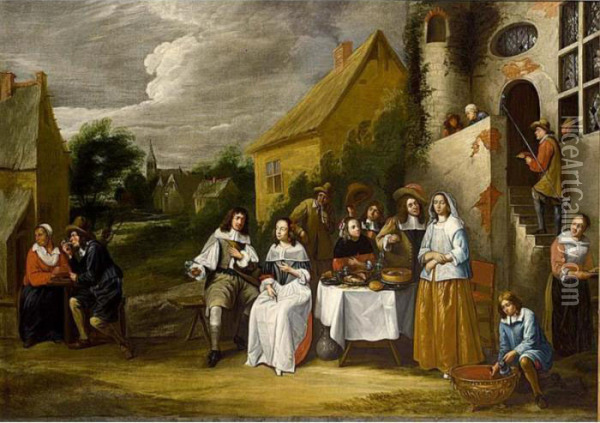 An Elegant Company Drinking And Eating Outside An Inn Oil Painting - Gillis van Tilborgh