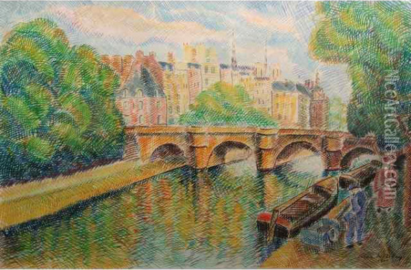 La Seine A Paris Oil Painting - Pierre De Belay