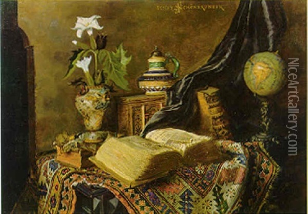 Still Life With Persian Rug, Globe, Pottery, Books And Lilies On A Table Oil Painting - Ignaz Schoenbrunner the Elder