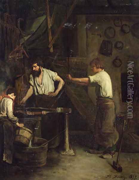 The Blacksmiths, Memory of Treport 1857 Oil Painting - Francois Bonvin