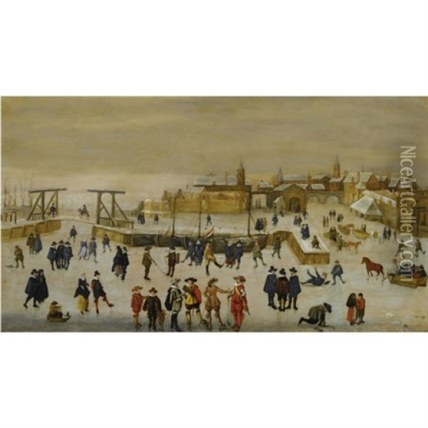 Winter Landscape With Elegant Figures Skating And Conversing On The Ice Outside The Walls Of A Dutch Town Oil Painting - Adam van Breen