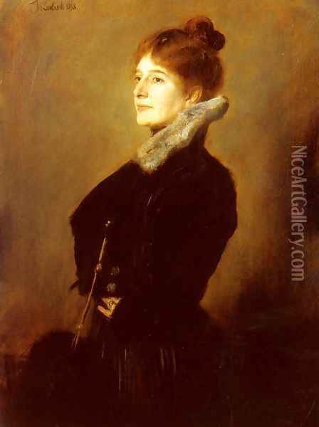 Portrait Of A Lady Wearing A Black Coat With Fur Collar Oil Painting - Franz von Lenbach