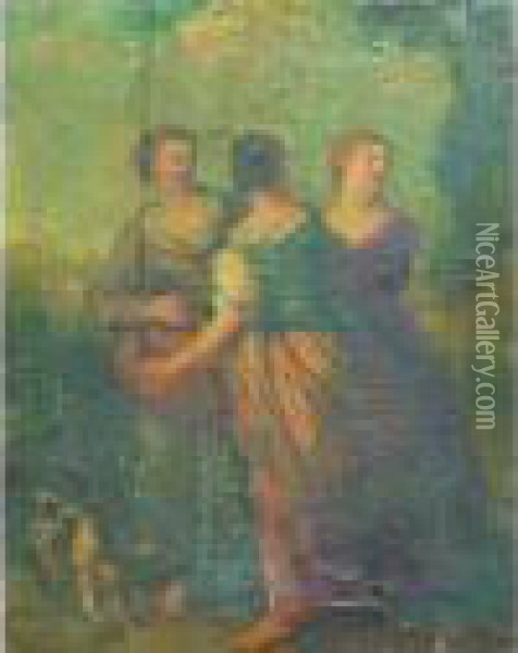 Trois Jeunes Femmes Se Promenant Oil Painting - Francois Lemoine (see Lemoyne)