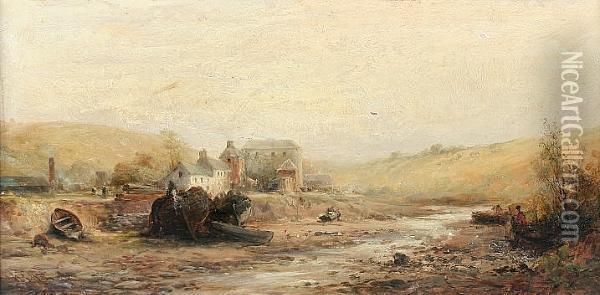 Beached Fishing Boats By A Stream With A Mill And Figures Beyond Oil Painting - William Edward Webb
